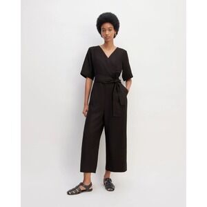Everlane The Wrap‎ Jumpsuit Women's 4 Black Linen Short Sleeve Wide Leg NWT $148